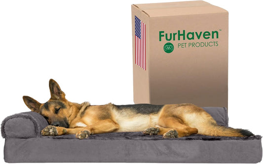 FurHaven Jumbo Orthopedic Dog Chaise Lounge – L-Shaped Plush & Velvet Bed, Removable Washable Cover – Up to 95 lbs – Platinum Gray